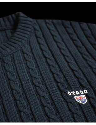 broderie du Pull torsade col rond TREVIBO OTAGO Rugby bleu marine pour homme