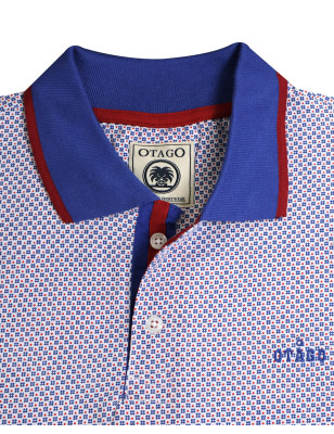 col et broderie du Polo manches courtes Liluna Otago rugby bleu et rouge à motifs pour homme