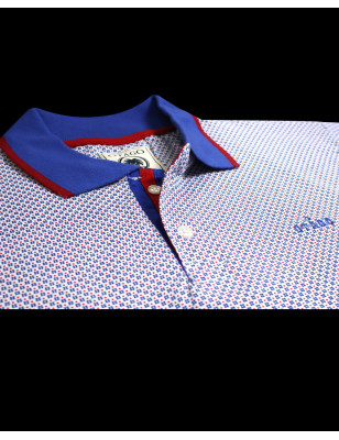 détail du col du Polo manches courtes Liluna Otago rugby bleu et rouge à motifs pour homme