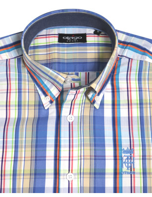 col et broderie de la Chemise manches longues pour homme 288 Otago bleue à carreaux